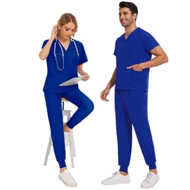 Maizoon Medical Scrubs Uniform Set Unisex Medical Overalls Suit V Neck Short Sleeve with 2 Pockets Quick Dry Polyester
