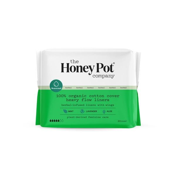 The Honey Pot Company - Herbal Heavy Flow Panty Liners - Organic Pads for Women - Infused w/Essential Oils for Cooling Effect, Organic Cotton Cover, & Ultra-Absorbent Pulp Core - Feminine Care - 20ct