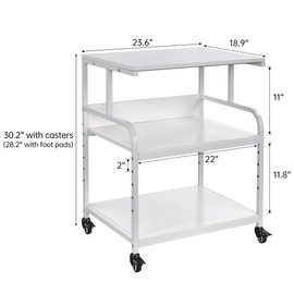 Fannova White Printer Stand, 23.6 x18.9 x 30 Inches Big Size Printer Table with Adjustable Shelf, 3 Tier Rolling Printer Cart with Wheels for Home Office Storage and Organization