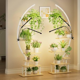 GREENSTELL Plant Stand Indoor with Grow Light, 7-Tiered Tall Metal Plant Stand for Indoor Plants, Half-Moon Shape Display Shelf for Living Room, Balcony, Patio, White (2 Pack)
