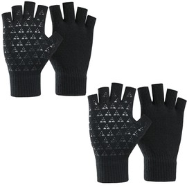 iDopick 2 Pairs Winter Warm Fingerless, Thermal Knit Soft Fleece Lined Glove Elastic Cuff Glove for Women Men Texting Gloves