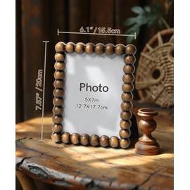 Afuly 7x5 Wooden Photo Frame Rustic Shabby Chic Vintage Dark Brown Beaded Border Freestanding Wall Mounted Display Picture Frame for Home Décor Wedding Mothers Day Gifts for Mum Grandma Couple