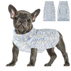 SlowTon Small Dog Sweater - Turtleneck Classic Cable Knitted Doggie Knitwear with Leash Hole,Winter Warm Pet Pullover Clothes for Puppy Small Medium Dogs (Blue/Pink)