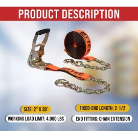Mytee Products 4 Pack 2" x30' Orange Ratchet Strap with Chain Anchor - 4000 Lbs WLL High Abrasion Heavy Duty Tie Down Cargo Truck Straps with Chan Anchor for Flatbed, Truck, Trailers, Pickup