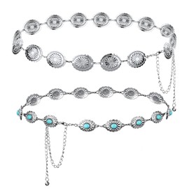 LUTER 2pcs Western Concho Belts for Women, Adjustable Chain Belt with Turquoise Silver Western Belt Belly Chain Waist Chain Concho Belt for Dress, Jeans (2 Styles) TMA32041