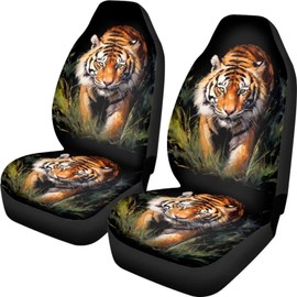 Xoenoiee Wild Tiger Print Car Seat Covers Front Seats Only 2 Pieces Car Interior Protector Auto Bucket Seat Cover Anti-Slip Car Seat Covers