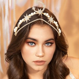 Reaky Star Headband, Gold Moon Headpiece, Pearl Headband, Rhinestone Bridal Wedding Hair Accessories for Women (Gold, One Size)
