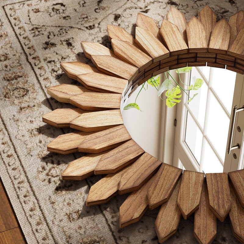 VETROVUE 20 Inch Brown Boho Wall Decor Sunburst Mirror -