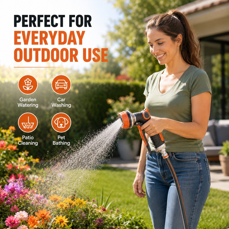 High Pressure Garden Hose Nozzle for Watering – 8-Pattern Metal