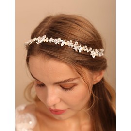 Teyglen Bridal Wedding Flower Leaf Headband Hair Vine Silver Crystal Pearl Headpieces Floral Hair Pieces Hair Accessories for Women Bride Flower Girl