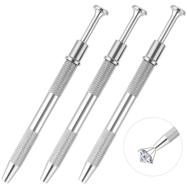 Grevosea 3 Pack Piercing Ball Grabber Jewelry Pick Up Tool Stainless Steel 4 Prongs Holder Diamond Claw Grabber Pick Up Tool for Tiny Objects IC Chip Electronic Components (Silver)
