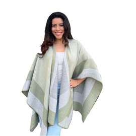 Elegant Minimalist Women's Wrap Poncho – Reversible Baby Alpaca & Acrylic Ruana Cape, Open-Front Shawl for Fall & Winter (Green, One Size)