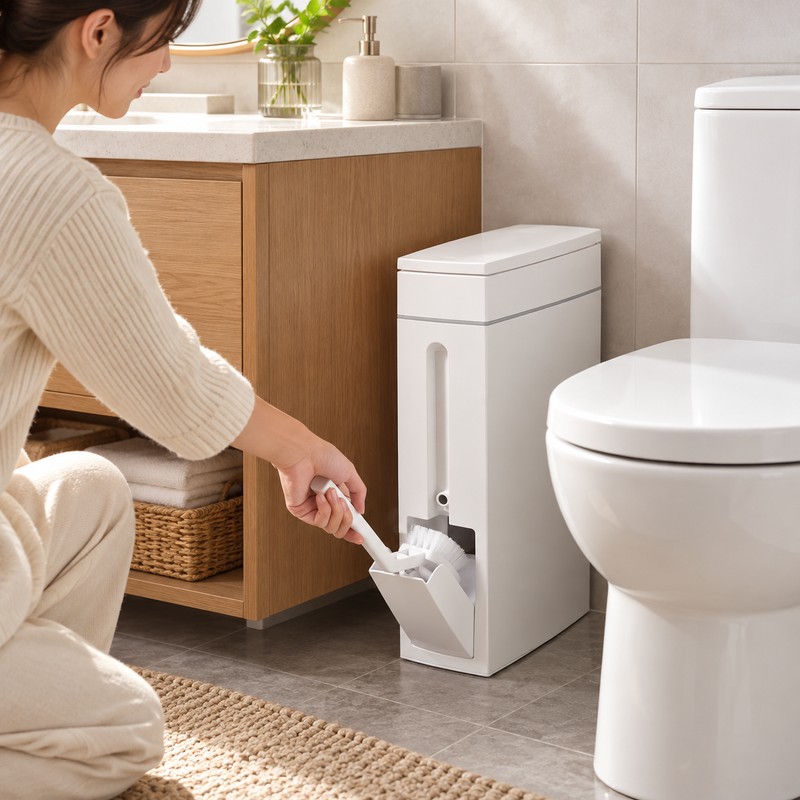 2-in-1 Bathroom Trash Can with Toilet Brush – Slim Narrow