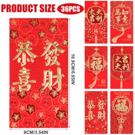 36pcs Chinese Red Envelopes, 6 Styles Hong Bao Chinese Lucky Money Bags Year of Dragon 2024 Lai See Envelopes Packets with Chinese Patterns for New Year Spring Festival Wedding Birthday