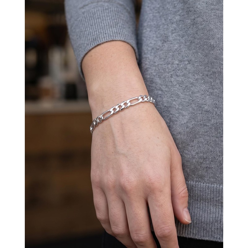 LuxGoth Stainless Steel 5 mm Figaro Link Chain Bracelet (7