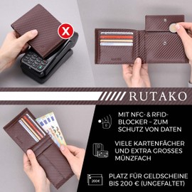 RUTAKO Men's Leather Wallet with RFID Protection, Large Wallet with Coin Compartment, 12 Compartments, Genuine Leather Wallet for Men, Wallet, Carbon brown, Landscape