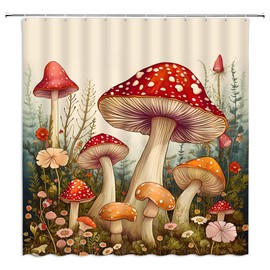 BCNEW Mushroom Shower Curtain Red Jungle Plant Misty Forest Flower Fairy Tale Wonderland Bathroom Curtain with Hook