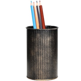 U-TIMES Metal Pen Holder with Vertical Groove Design, Multipurpose Desk Organizer Cup for Pens, Makeup Brushes, Utensils, Straws & Small Vase, Distressed Bronze
