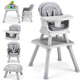 HOMGX Baby High Chair, 8-in-1 Convertible High Chair w/Removable Tray & Safety Harness, Infant Dining Booster Seat, Building Block Table & Chair Set, Highchair for Babies and Toddlers (Grey)