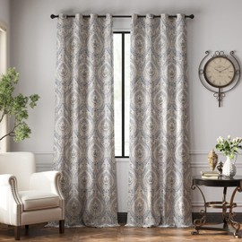 jinchan Linen Textured Curtains for Living Room Darkening 108 Inches Long, Medallion Drapes for Bedroom, Damask Pattern Window Treatments Vintage Curtain Panels, Extra Long 2 Panels Blue on Greige