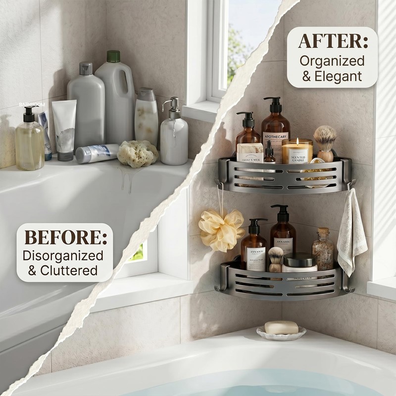 2 PCS Corner Shower Caddy Suction Cup with Hooks, No-Drilling