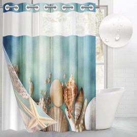 Culudea Sea Beach Green No Hook Shower Curtain with Snap in Liner, Shellfish Starfish Summer Bath Curtain with Double Layers Waterproof Fabric and Mesh Top Window 71x74 Inch