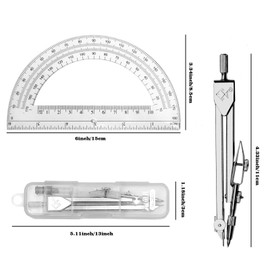 Tdfronien Students Geometry Math Set, Drawing Compass and 6 Inch Transparent Swing arm Protractor 180 Degree Math Protractor (Transparent)
