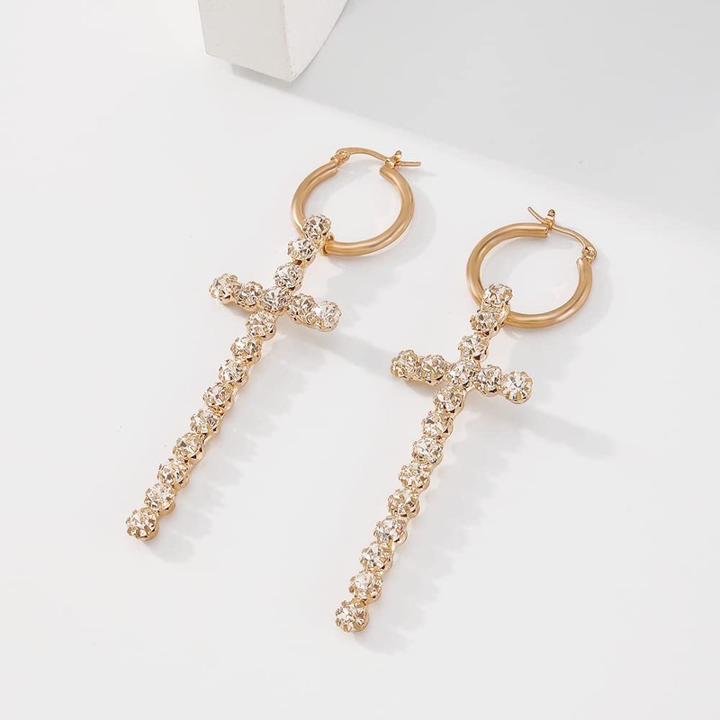 Jumwrit Rhinestone Cross Earrings Sparkle Huggie Hoop Earrings Long Dangle
