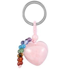 KYEYGWO Crystal Stone Heart-shaped Keychain, 7 Chakra Stone Handmade Keyring Decorative Handbag Charm Lucky Charm for Lanyard Keychain, Rose Quartz