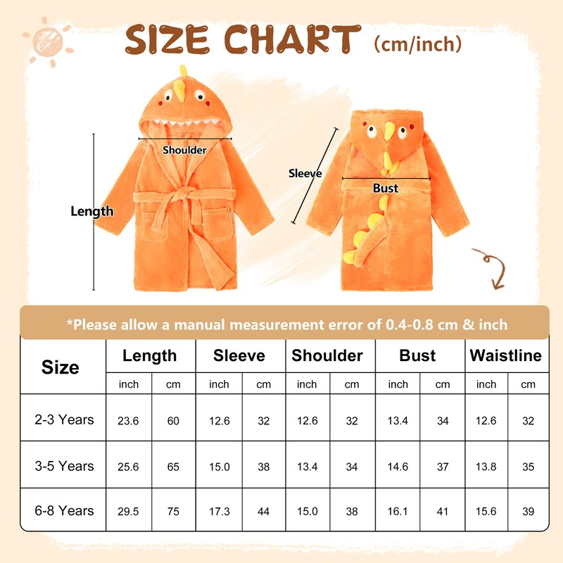 LOLANTA Children's Fleece Dinosaur Bathrobe Plush Hooded Bathrobe for 1-8