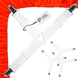 Bed Sheet Holder Corner Straps - 4 pcs White, Mattress Cover Clips to Hold Sheets in Place, Adjustable Bed Bands, Elastic Fasteners/Grippers/Suspenders Fitted for Bedding, Keepers, Bedsheet Tie Downs