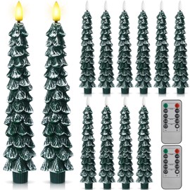 Funtery 12 Pcs Flameless Taper LED Christmas Tree Candles with Remote Timer, 9.7" 3D Real Wax Flickering, Black