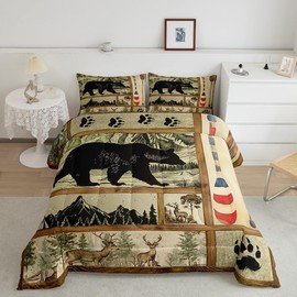 Farmhouse Hunting Bear Comforter Set Queen Size, Lake House Decor Bedding, Retro Woodland Lake Paddle Down Comforter, Deer Moose Wildlife Duvet Insert, Rustic Buffalo Grid Quilt Cabin Lodge Decor