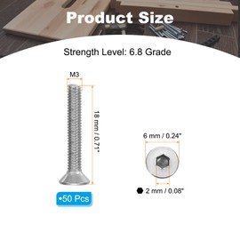 PATIKIL M3 x 18 mm Flat Head Socket Cap Screws, 50 Pack 304 Stainless Steel 18-8 Machine Screws Flat Countersunk Bolts Hex Socket Drive Full Thread Grade 6.8