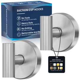 MOTAIPEAK Suction Cup Hooks for Shower,Heavy Duty Shower Towel Suction Hooks,No Drill Wall Mounted Towel Hooks for Bathrooms Wall,Kitchen,Glass,Mirror,Tile to Hang Towels,Robes,Coat-Silver(2 Pack)