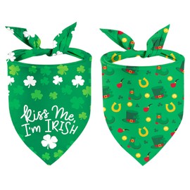 St Patricks Day Dog Bandana Puppy Scarf, 2 Pcs Shamrocks Kiss Me Irish Triangle Reversible Pet Scarf Holiday Party Dog Costume for Small Medium Large Dogs