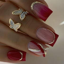 24Pcs Red French Press on Nails Medium Square With Gold Foil Lines Design Full Cover Glossy Acrylic Artificial Stick on Nails Reusable Glue on for Women Manicure Kit