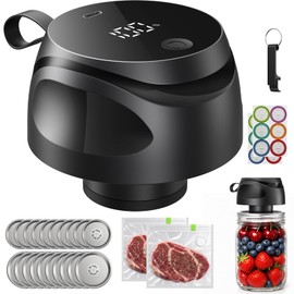 Electric Mason Jar Vacuum Sealer Kit, Portable Jar Vacuum Sealer with 10 Wide Mouth & 10 Regular Mouth Mason Lids, 2 Food Bags, One-Touch Auto Stop, Food Storage Vacuum Sealer for Home & Kitchen-Black