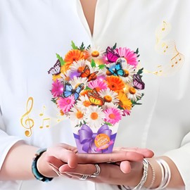 APOTODITO Mini Birthday Cards, Birthday Card with Music and Light, Flower Bouquet 3D Card with Butterflies for Mom, Women, Wife (Birthday Daisy)