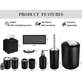 ALPIRIRAL Black Bathroom Accessories Set, 10Pcs Bathroom Accessory Set with Trash Can, Soap Dispenser and Toothbrush Holder, Soap Dish, Cotton Ball & Qtip Holder, Toilet Brush Holder, Tissue Box Cover