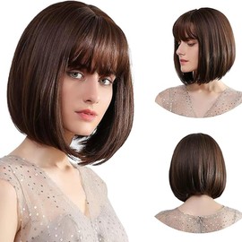 Hanaoops Women's Short Bob Wig with Fringe 30 cm Natural Straight Wigs Colourful Synthetic Hair Wigs for Carnival Cosplay Theme Party Daily Use (Brown)