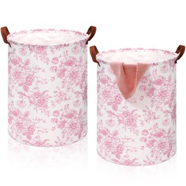 CroBlissful 2 Pcs Pink Floral Laundry Basket Coquette Storage Basket for Girls Nursery Hamper with Handles Foldable Waterproof Collapsible Storage Bin Organizer for College Dorms Bathroom