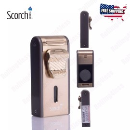 Scorch Torch 3.25 inch Torch Double Flames w. Cigar Punch & Cigar Cutter - Gold