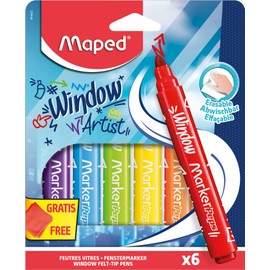 Maped - Marker 'Peps Window Marker - Red, Yellow, Green, Blue, Orange, Purple - Includes Microfibre Cloth