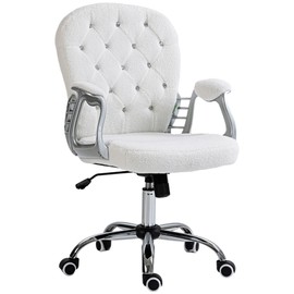 Vinsetto Teddy Fleece Home Office Chair, Button Tufted Desk Chair with Padded Armrests, Adjustable Height and Swivel Wheels, White