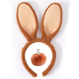 Olivemont Easter bunny ears headband and tail for rabbit pretend play plush costume (brown 2)