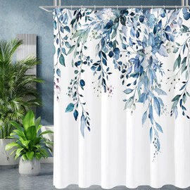 Blue Eucalyptus Shower Curtain, Watercolor Plant Leaves with Floral Bathroom Shower Curtain Set with Hooks, 180cm x 180cm