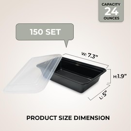 Klex 24 Oz, 150 Sets Meal Prep Containers with Airtight Lids, BPA Free, Reusable Plastic Food Container, 24 oz, Rectangular, Black/Clear, 150 Sets