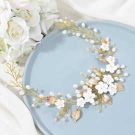 Vakkery Flower Bride Wedding Hair Vine Pearl Hair Accessories Bridal Headband Headpiece for Women and Girls (Gold)