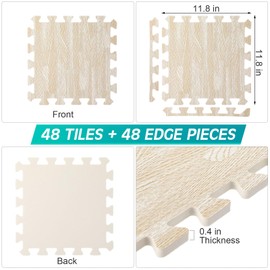 Tinideya 48 Pcs Printed Foam Tiles 12 x 12 Inch Interlocking Foam Mats Wood Grain Puzzle Floor Mat Tiles EVA Floor Padding Exercise Flooring with Border for Home Gym Playroom Baby Kids (White)